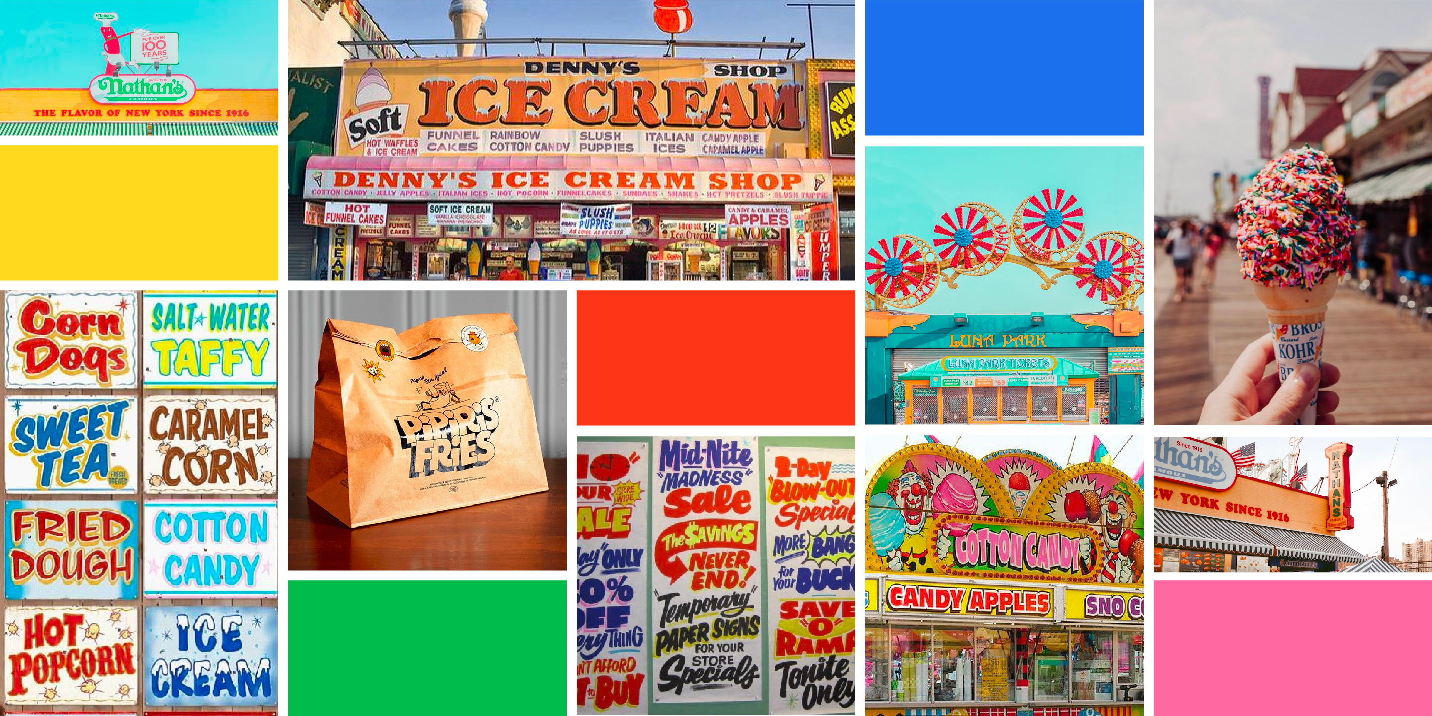 Moodboard of boardwalk and retro grocery sign imagery with bright playful colors