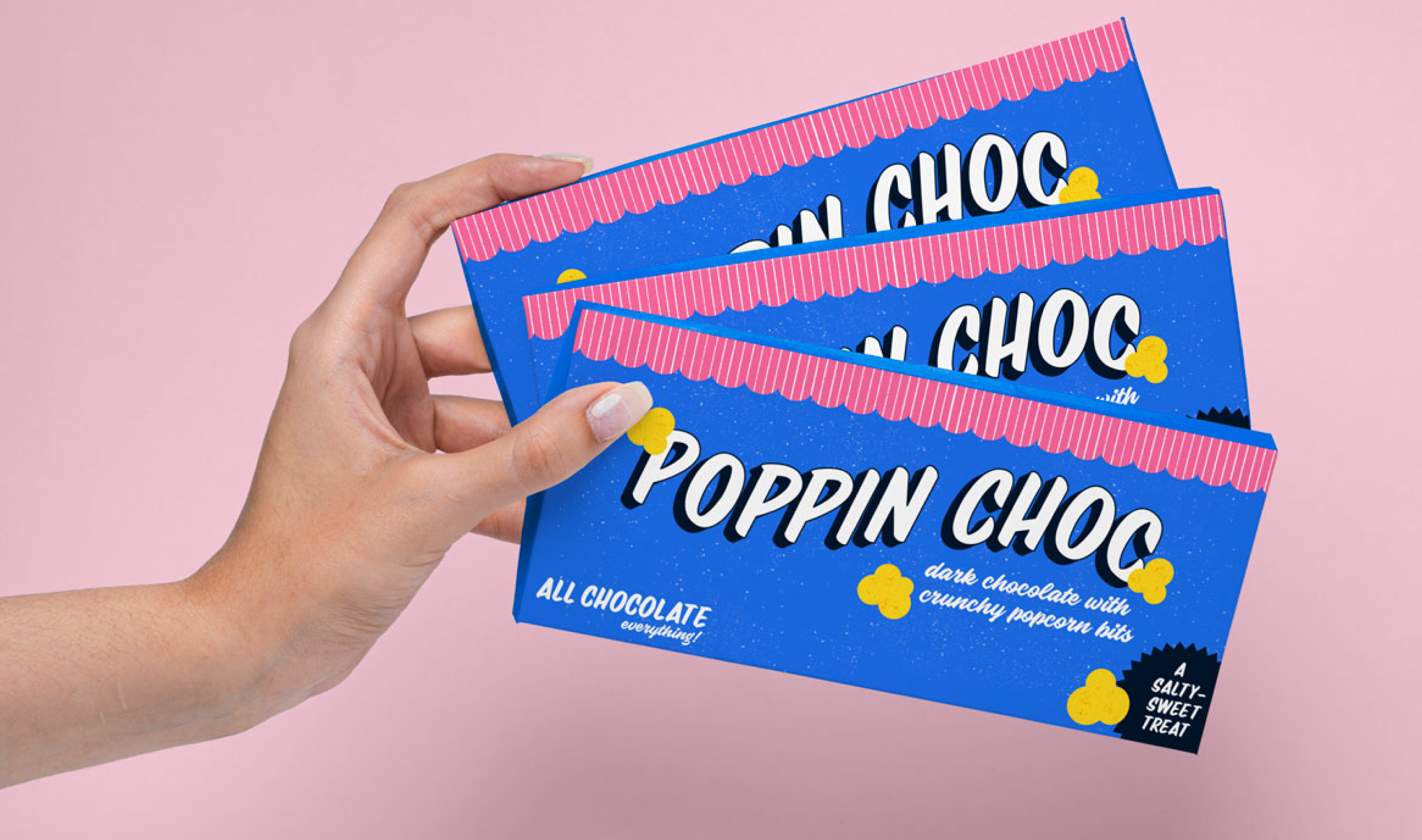 Packaging design for "poppin choc", popcorn-infused chocolate bars in pink and blues