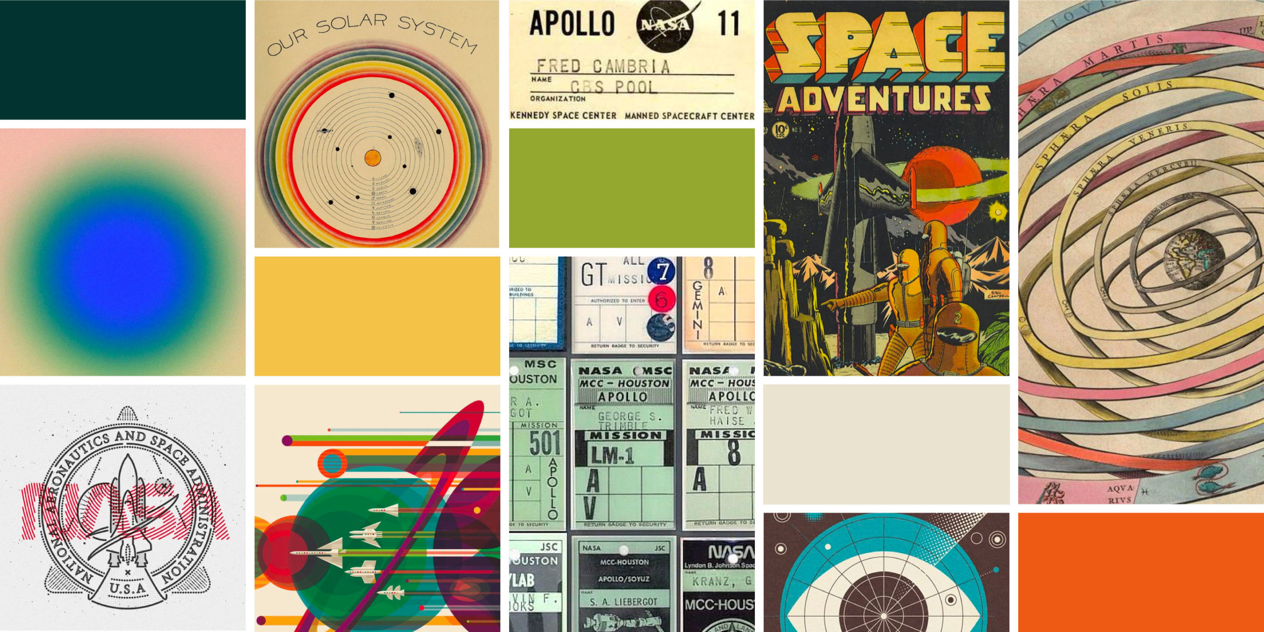 Moodboard with vintage space and sci fi imagery and a retro color palette